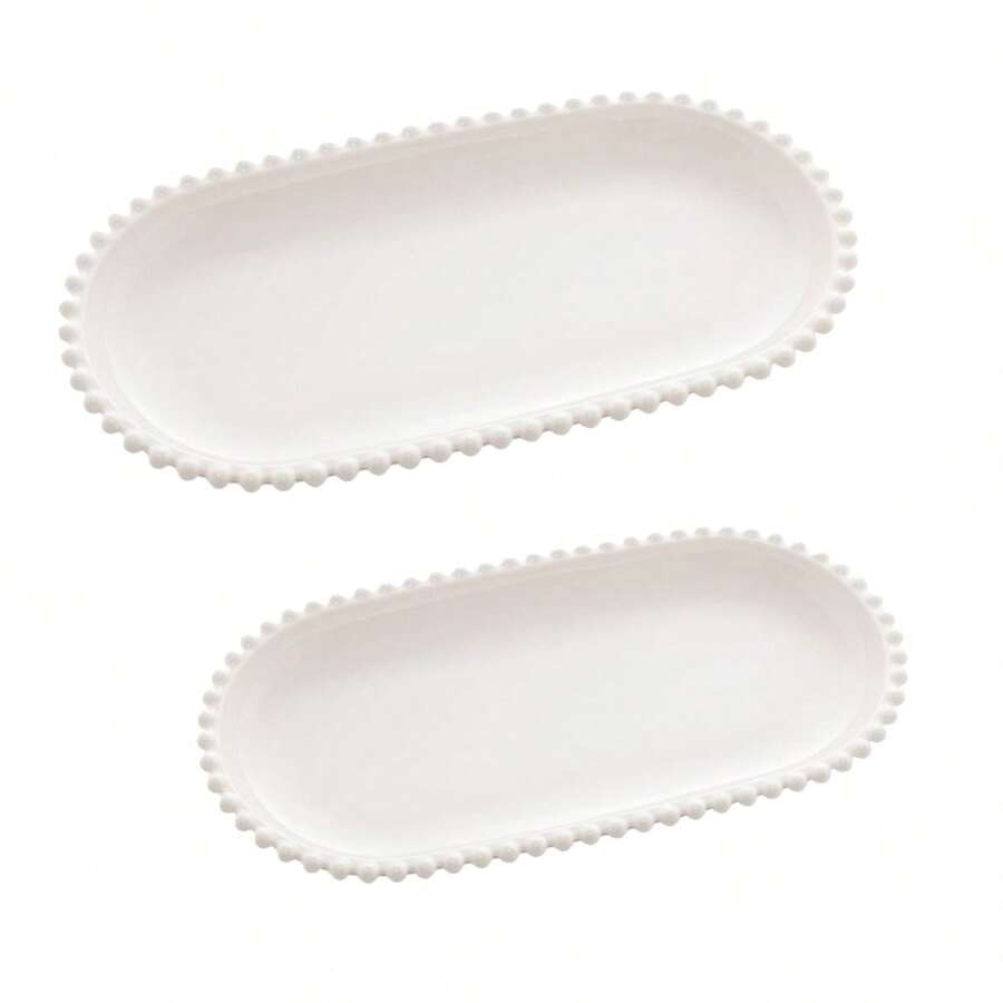 Kit 2 Travessas Porcelana Oval Bead Pérola Branco Mesa Posta - Branco - Visão 1
