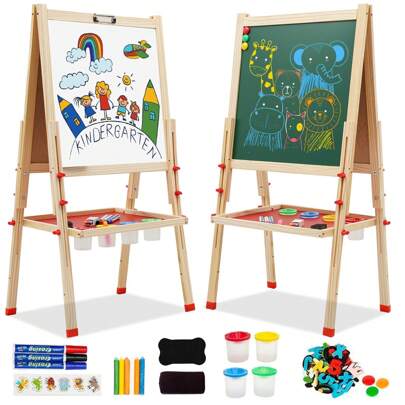 Kids Easel Wooden Art Easel Double Sided Easel With Whiteboard Chalkboard Height Adjustable Standing Toddler Easel With Painting Accessories Education Gift For Boys Girls