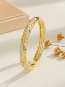 1pc Ladies' Cloisonne Style Blue & Rhinestone & Oil Drop Detail Gold Plated Bangle Bracelet
