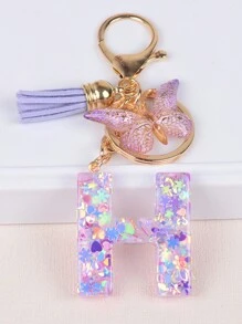 1入組亮片字母鑰匙扣,配流蘇和蝴蝶墜飾,樹脂字母汽車鑰匙鏈,可愛的袋子吊飾,背包配件,耳塞盒,保護套配件,適合女性和女孩的禮物 - 彩色 - 查看 7