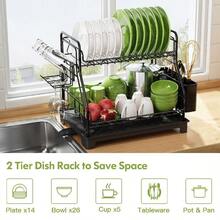 2 Tier Dish Drying Rack, Stainless Steel Dish Drainer With Drip Tray, Sink Drainer Rack With Swivel Spout, Utensil Holder, Automatic Drain Draining Board For Kitchen Sink - Black - View 4