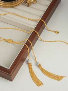 1PC18KGoldplatedStainless Steel Pendant Sweater Chain With Rhinestone Tassels - Tassel Sweater Chain - View 5