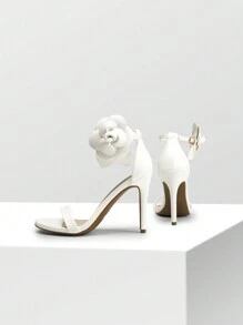 Women Floral Decor High Heeled Sandals, Elegant Ankle Strap Round Open Toe Stilettos With Removable Floral Appliqué For Party, Wedding, Prom - trắng - Xem 7