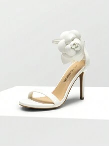 Women Floral Decor High Heeled Sandals, Elegant Ankle Strap Round Open Toe Stilettos With Removable Floral Appliqué For Party, Wedding, Prom - trắng - Xem 2