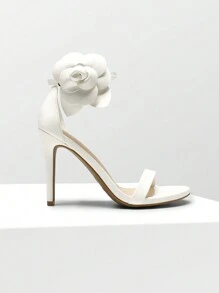 Women Floral Decor High Heeled Sandals, Elegant Ankle Strap Round Open Toe Stilettos With Removable Floral Appliqué For Party, Wedding, Prom - trắng - Xem 5