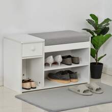 HOMCOM HOMCOM Meuble Chaussures Banc à Chaussures 2 Niveaux Rangement, Niche, tiroir, Coffre intégré avec Coussin Gris Blanc