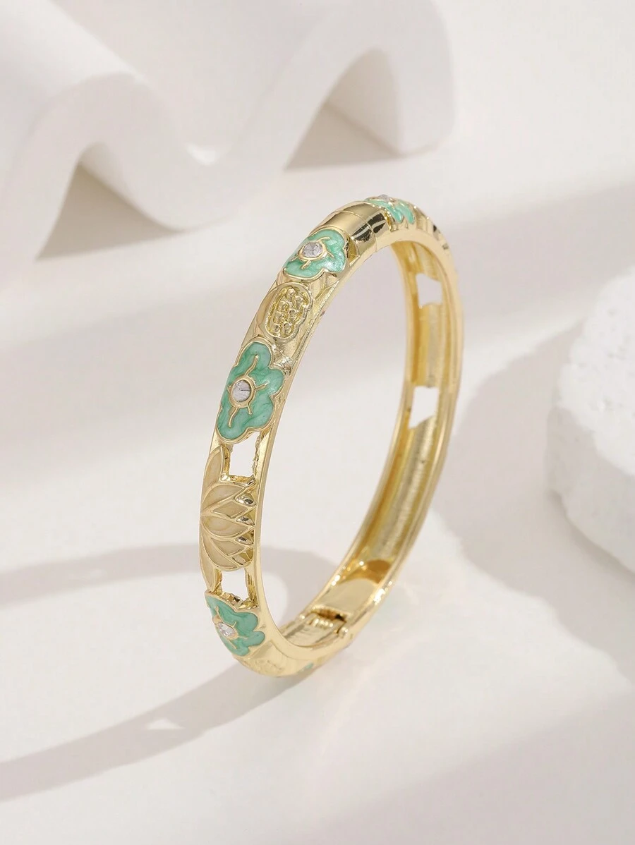 1pc Enamel & Rhinestone Decor Cloisonne Bracelet For Women - Green - View 1