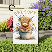 1入組歡迎高地牛園藝旗(12inx18in),粗麻雙面垂直旗,農家花卉牛園藝門廊旗,鄉村時尚季節性戶外旗幟,家居裝飾,戶外裝飾,庭院裝飾,花園裝飾 - 黃色 - 查看 2