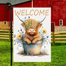1入組歡迎高地牛園藝旗(12inx18in),粗麻雙面垂直旗,農家花卉牛園藝門廊旗,鄉村時尚季節性戶外旗幟,家居裝飾,戶外裝飾,庭院裝飾,花園裝飾 - 黃色 - 查看 6