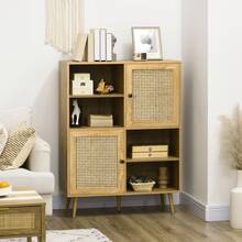 HOMCOM Bibliothèque Meuble de Rangement Buffet haut sur pied en Bois et Cannage avec 2 Portes 4 cases - dim. 90L x 35l x 120H cm - Nude - Voir 1