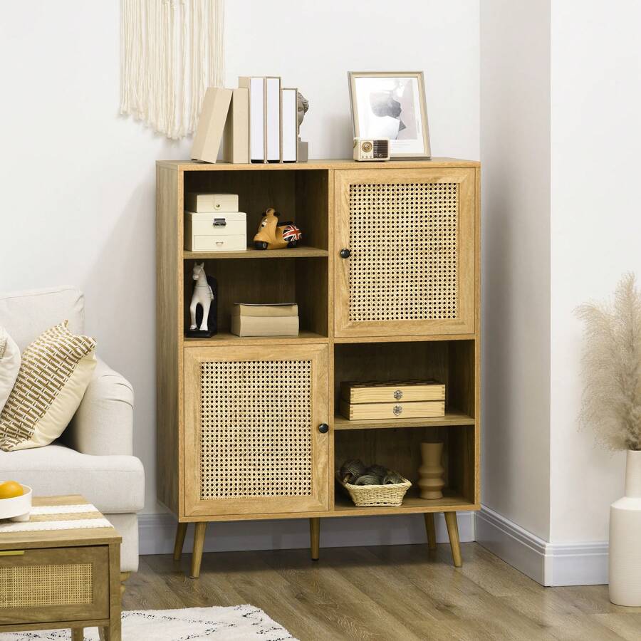 HOMCOM Bibliothèque Meuble de Rangement Buffet haut sur pied en Bois et Cannage avec 2 Portes 4 cases - dim. 90L x 35l x 120H cm - Nude - Voir 1
