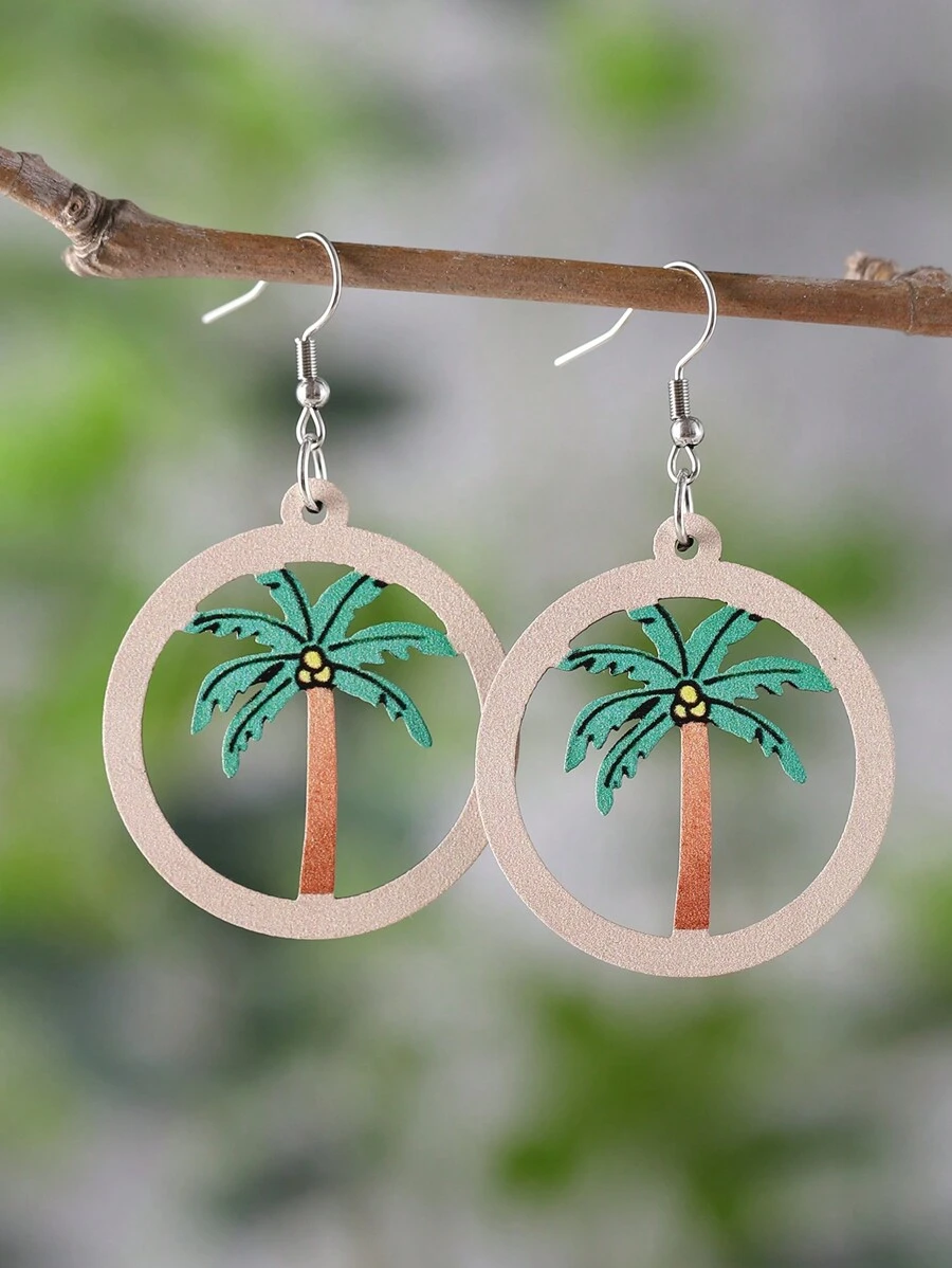 Vintage Hawaii Vacation Style Fresh Palm Tree Shaped Hollow Out Wooden Double-Sided Earrings For Women, Ideal For Summer Beach Vacation, Spring And Summer Must-Have Earrings, Gift - Palm Tree - View 1