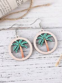 Vintage Hawaii Vacation Style Fresh Palm Tree Shaped Hollow Out Wooden Double-Sided Earrings For Women, Ideal For Summer Beach Vacation, Spring And Summer Must-Have Earrings, Gift - Palm Tree - View 3