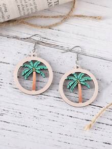 Vintage Hawaii Vacation Style Fresh Palm Tree Shaped Hollow Out Wooden Double-Sided Earrings For Women, Ideal For Summer Beach Vacation, Spring And Summer Must-Have Earrings, Gift - Palm Tree - View 2