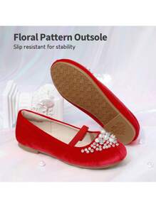 Girls Mary Jane Ballerina Flat Dress Shoes Flat Pearl Shoes - Đỏ - Xem 7