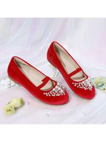 Girls Mary Jane Ballerina Flat Dress Shoes Flat Pearl Shoes - Đỏ - Xem 5