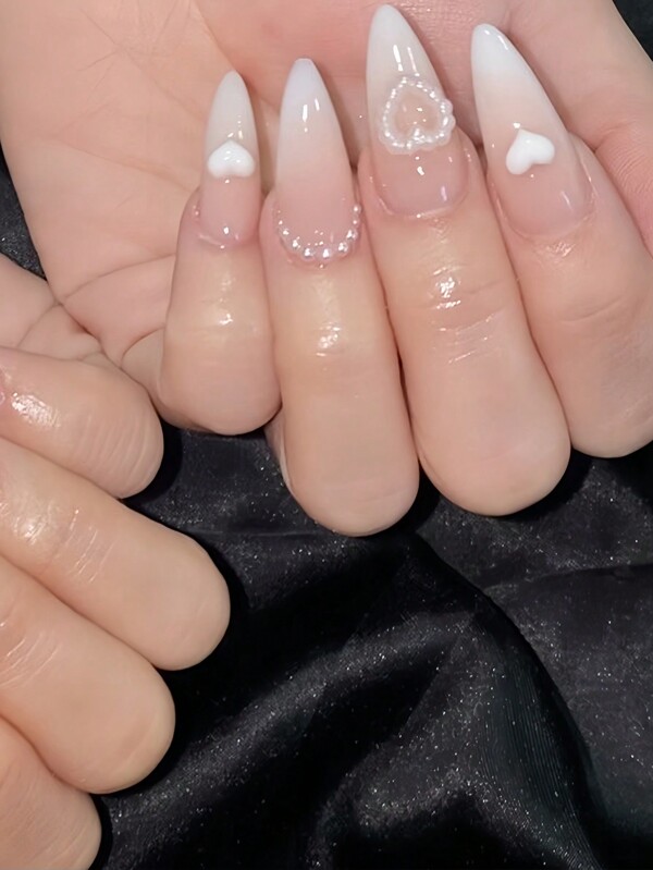 24pcs Pure White Ombre French Style False Nails With Pearls, Hearts & Bowknot Decor Plus 1pc Jelly Glue & 1pc Nail File Press On Nails Nail Supplies