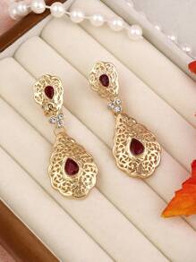 1 par de pendientes de estilo vintage de Oriente Medio con colgante de gota de agua hueco, metal incrustado con rhinestones, adecuado para uso diario, bodas, fiestas, festivales, regalo