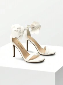 Women Floral Decor High Heeled Sandals, Elegant Ankle Strap Round Open Toe Stilettos With Removable Floral Appliqué For Party, Wedding, Prom - trắng - Xem 6