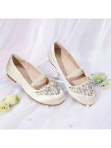 Girls Mary Jane Ballerina Flat Dress Shoes Flat Pearl Shoes - 米色 - 查看 5
