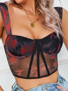 1件網眼花卉印花鋼骨魚骨短款背心,寬帶背心 - 黑色 - 查看 5