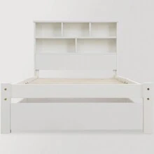 Sweiko Sweiko Łóżko z litego drewna, łóżko pojedyncze z półką na książki, szufladami i ramą z listew, łóżko sosnowe, 90*200cm,Łóżko pojedyncze z litego drewna z szufladami i ramą z listew, półka na książki dla nastolatków i dorosłych Łóżko dziecięce, 90x200cm Biały