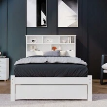 Sweiko Sweiko Łóżko z litego drewna, łóżko pojedyncze z półką na książki, szufladami i ramą z listew, łóżko sosnowe, 90*200cm,Łóżko pojedyncze z litego drewna z szufladami i ramą z listew, półka na książki dla nastolatków i dorosłych Łóżko dziecięce, 90x200cm Biały