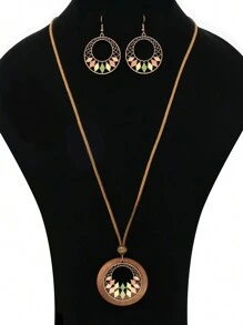 TopHanqi 3pcs Bohemian Style Antique Copper Tone Round Hollow Out Alloy Multicolored Rhombus Shaped Dripping Oil Pattern Layered Pendant Necklace & Earrings Set, Perfect For Ladies' Daily Life, Work, Travel, Street Snap, Theme Dress Up, Performance, Party All Seasons Wear, Fashionable Minimalist Design Exuding Personal Charm & Elegance - Multicolor - View 2