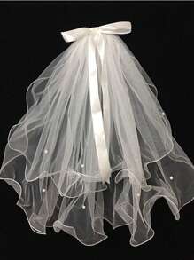 1件仿珍珠装饰新娘纯白薄纱头饰，优雅新娘短款薄纱头纱，适合婚礼、旅行、情人节等场合佩戴 - 白色 - 查看 3