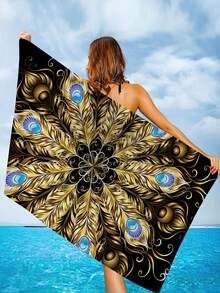 1片羽毛＆曼陀羅＆波西米亞圖案印製柔軟沙灘巾,適用於游泳、露營、假期、瑜伽、潛水和旅行 - 彩色 - 查看 2