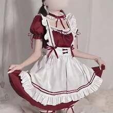 Conjunto de Traje de Sirvienta Francesa, Anime Maid Cosplay Accesorios de Disfraz con Vestido Sirvienta Delantal Diadema Lindo Sexy Lolita Vestido Calcetines para Fiesta Halloween Baile - Burdeos - Ver 3