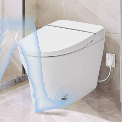 MERAX Smart Toilet Bidet Combo With Self-Cleaning Nozzle,Upmarket Compact Dual Flush Toilet 1/1.28 GPF,Tank Less Toilet With Foot Sensor Flush,White Night Light,Knob Control,Power Outage Flushing,Soft Close
