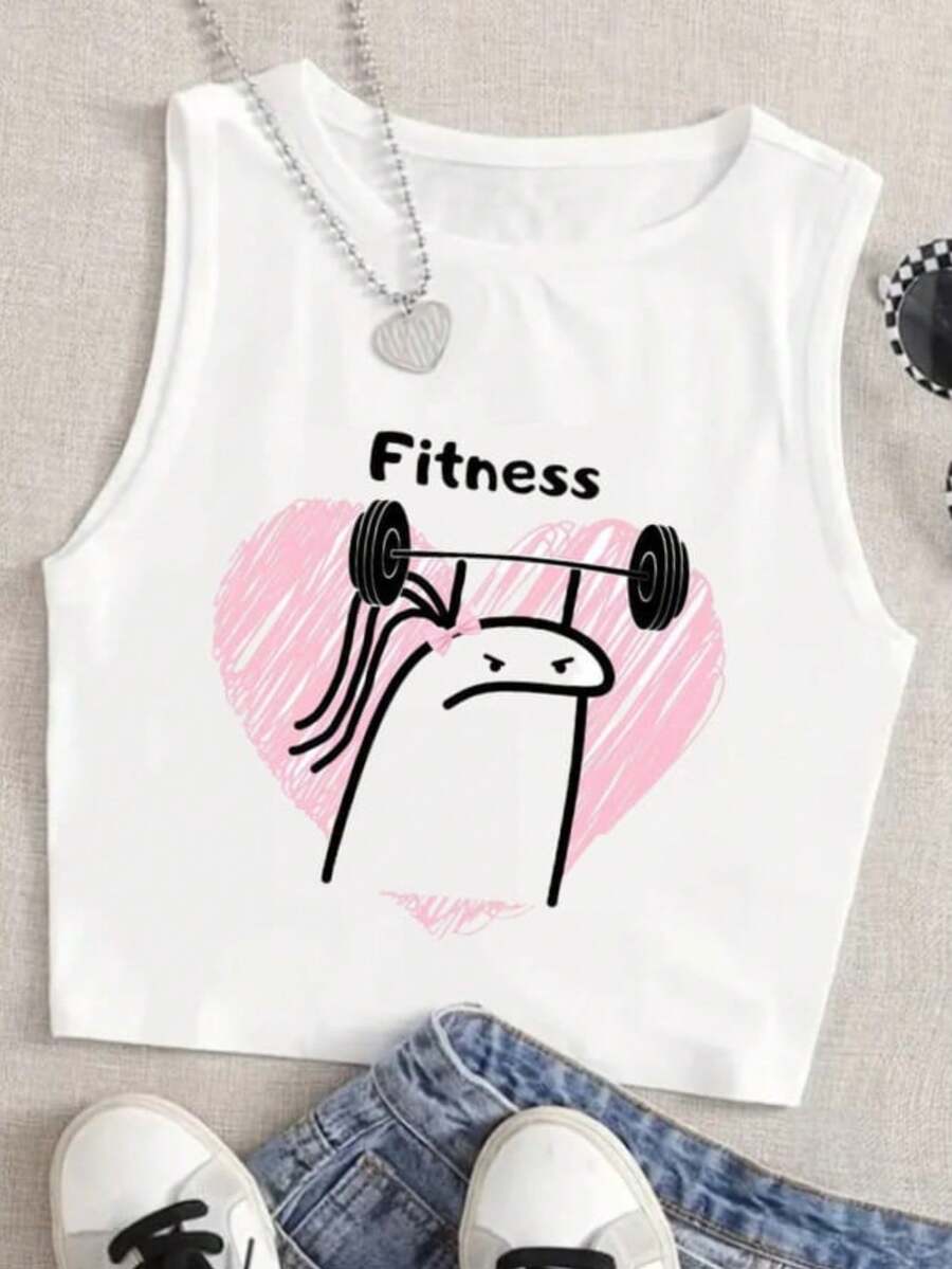 Top tank corto con estampado de dibujos animados - Blanco - Ver 1