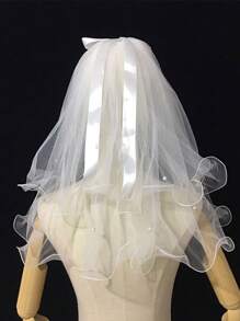 1件仿珍珠装饰新娘纯白薄纱头饰，优雅新娘短款薄纱头纱，适合婚礼、旅行、情人节等场合佩戴 - 白色 - 查看 4