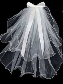 1件仿珍珠装饰新娘纯白薄纱头饰，优雅新娘短款薄纱头纱，适合婚礼、旅行、情人节等场合佩戴 - 白色 - 查看 1