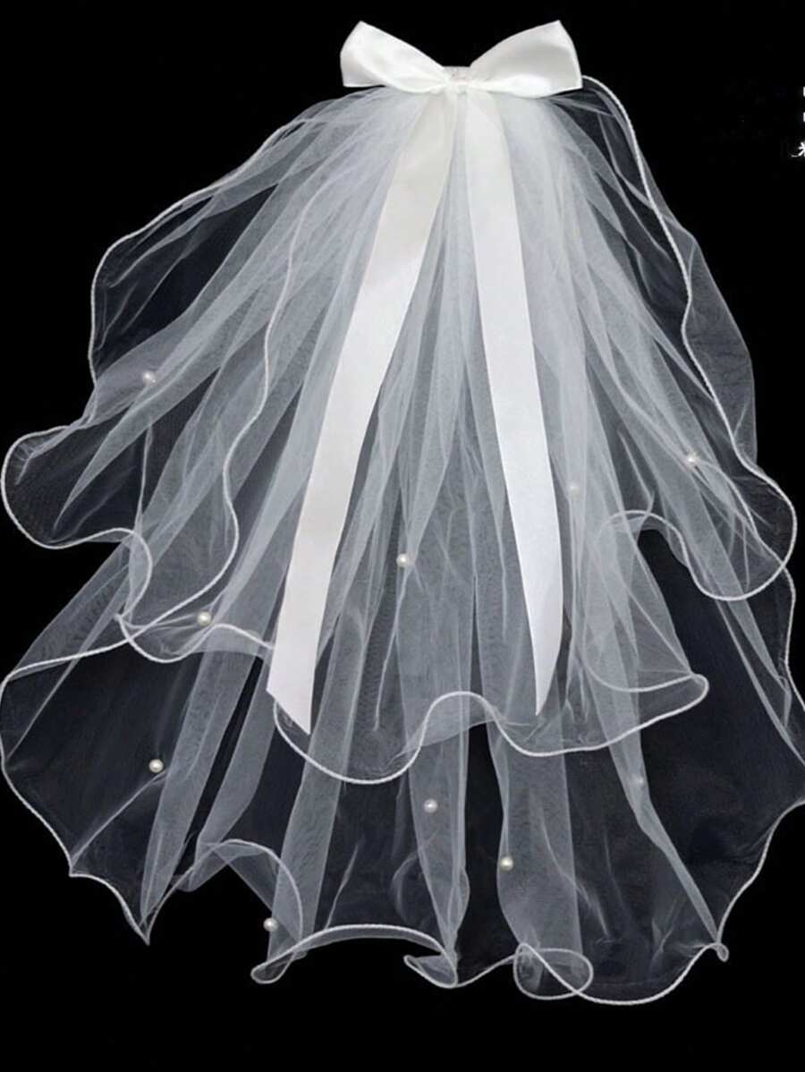 1件仿珍珠装饰新娘纯白薄纱头饰，优雅新娘短款薄纱头纱，适合婚礼、旅行、情人节等场合佩戴 - 白色 - 查看 1