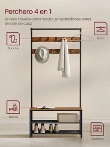 VASAGLE Perchero Zapatero, Perchero Recibidor, con Banco Zapatero, 9 Ganchos Extraíbles, Barra Superior, 32,2 x 84 x 180 cm, Entrada Dormitorio, Industrial, Marrón Rústico y Negro,Regalo de Navidad - Marrón - Ver 2