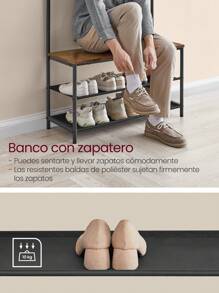 VASAGLE Perchero Zapatero, Perchero Recibidor, con Banco Zapatero, 9 Ganchos Extraíbles, Barra Superior, 32,2 x 84 x 180 cm, Entrada Dormitorio, Industrial, Marrón Rústico y Negro,Regalo de Navidad - Marrón - Ver 3