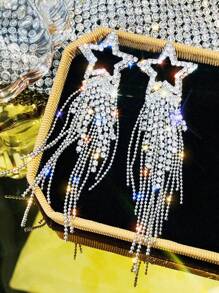 2pcs Full Rhinestone Detail Women's Earrings - Fashionable Long Fringed Drop Earrings - Gold - View 4