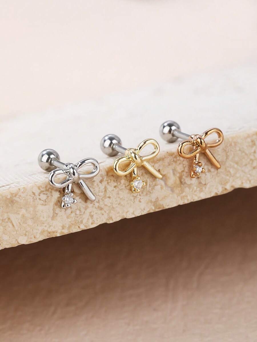 1 件时尚可爱的蝴蝶结耳环，采用钛钢和水钻，适合女性日常佩戴情人节、妈妈、母亲、母亲节、礼物 - 蝴蝶結 - 查看 1