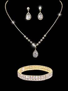 LETODE 4 件女式水晶首饰套装婚礼闪亮晚宴手拿包闪光项链手链吊坠耳环适合新娘和伴娘 - 金色 - 查看 3