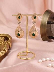 1 par de pendientes de estilo vintage de Oriente Medio con colgante de gota de agua hueco, metal incrustado con rhinestones, adecuado para uso diario, bodas, fiestas, festivales, regalo