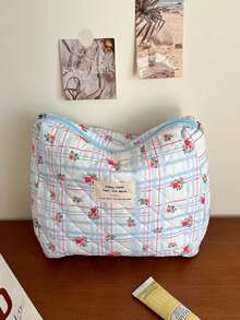 1只大容量棉布卡通花紋收納袋,可愛便攜式化妝袋,適合旅行使用 - 彩色 - 查看 1