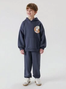 MARC&JANIE 2pcs/Set Young Boys Casual Cartoon Bear Pattern Hoodie And Pants Sports Suit, Spring - Navy Blue - View 1