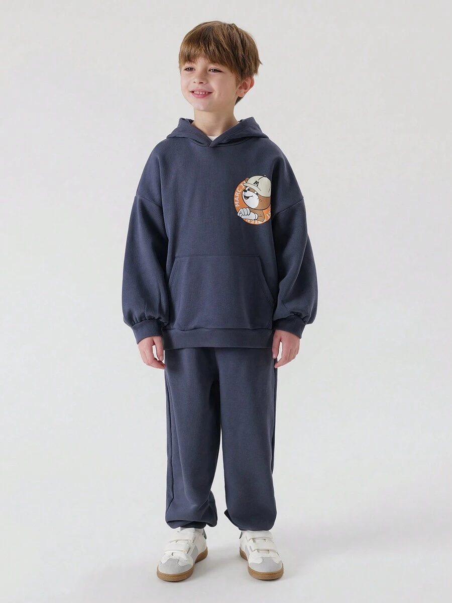 MARC&JANIE 2pcs/Set Young Boys Casual Cartoon Bear Pattern Hoodie And Pants Sports Suit, Spring - Navy Blue - View 1