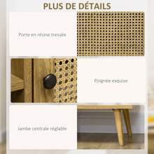 HOMCOM Bibliothèque Meuble de Rangement Buffet haut sur pied en Bois et Cannage avec 2 Portes 4 cases - dim. 90L x 35l x 120H cm - Nude - Voir 2