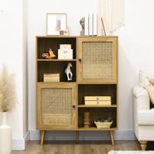 HOMCOM Bibliothèque Meuble de Rangement Buffet haut sur pied en Bois et Cannage avec 2 Portes 4 cases - dim. 90L x 35l x 120H cm - Nude - Voir 6