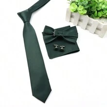 4入組男士商務時尚經典深綠色聚酯纖維領帶和三折領結及口袋手帕和袖扣套裝，適用於婚禮和日常休閒穿著 - 墨綠色 - 查看 4