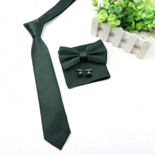 4入組男士商務時尚經典深綠色聚酯纖維領帶和三折領結及口袋手帕和袖扣套裝，適用於婚禮和日常休閒穿著 - 墨綠色 - 查看 2