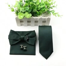 4入組男士商務時尚經典深綠色聚酯纖維領帶和三折領結及口袋手帕和袖扣套裝，適用於婚禮和日常休閒穿著 - 墨綠色 - 查看 5